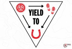 Right of way trail etiquette graphic showing Wheels Yield to Heels, and hikers yield to horses